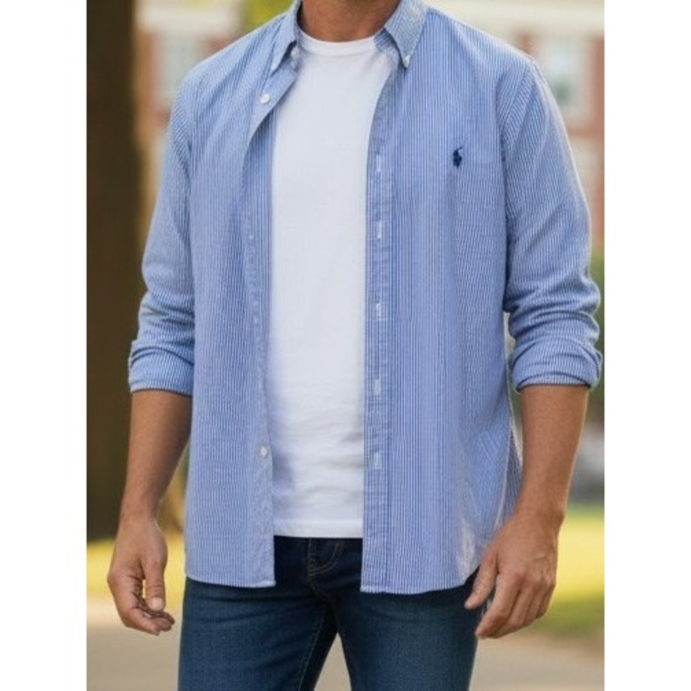 Ralph Lauren Striped Button Down Shirt Mens 16 32/33 Blue White Stripe Excellent